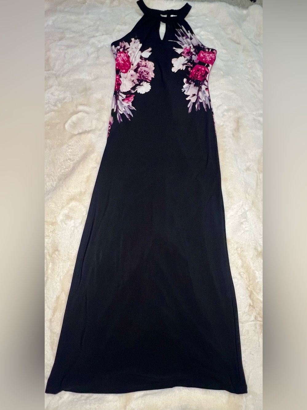 Vintage Y2K Caché Black Floral Maxi Dress Keyhole Halter Formal Gown Size M